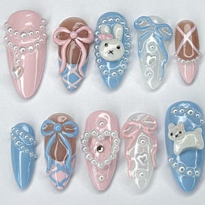 Adorable Miffy Bunny Press On Nails, Cute 3D Nail Art with Bows, Handmade Press On Nails with Ribbons and Pearls, Cute Nails, Miffy Nails
