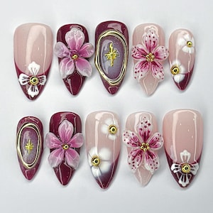 Burgundy Floral 3D Press On Nails, Elegant Wine Red Flower Nails, 3D Flower Nail Art Set, Dark Red Press On Nails, Luxury Reusable Nail Art
