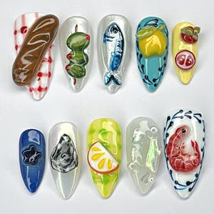 Mediterranean Food Press On Nails, 3D Seafood Bread Olive Nail Art, Picnic Handmade Nails, Unique Picnic Nail Set, Summer nails, Ocean nails
