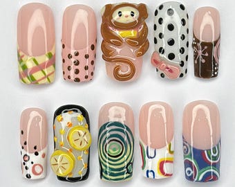 Cute Monkey Press On Nails, Handmade 3D Monkey Nail Art with Polka Dots, French tip nails, Lemon Art & Polka Dots Nails, Reusable Nails