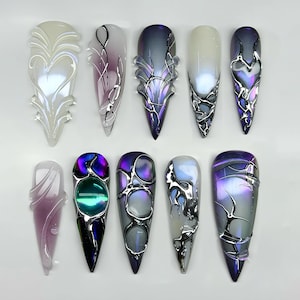 Mystical Press on Nails, Intricate 3D Nail Art, Silver & Purple Galaxy Press Ons, Glamorous Shimmery Y2k Nail Set, Holographic Chrome nails