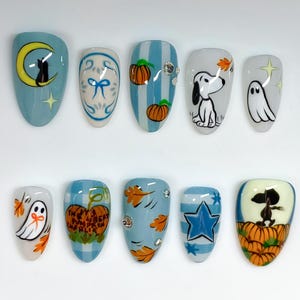 Handmade Snoopy Halloween Press On Nails: Pumpkin & Ghost Fall Nail Art