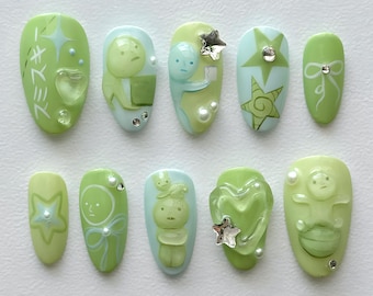 Kawaii Smiski Press On Nail, Smiski- en dessertnagelkunst, leuke en speelse acrylnagels, kawaii schattige nailart, gezellige nagels, Smiski-nagels