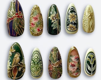 Handmade Vintage Garden Press On Nails, Artistic Press On Nails with Vintage Floral & Bird Patterns, Nails For Elegant Artistic Vibe
