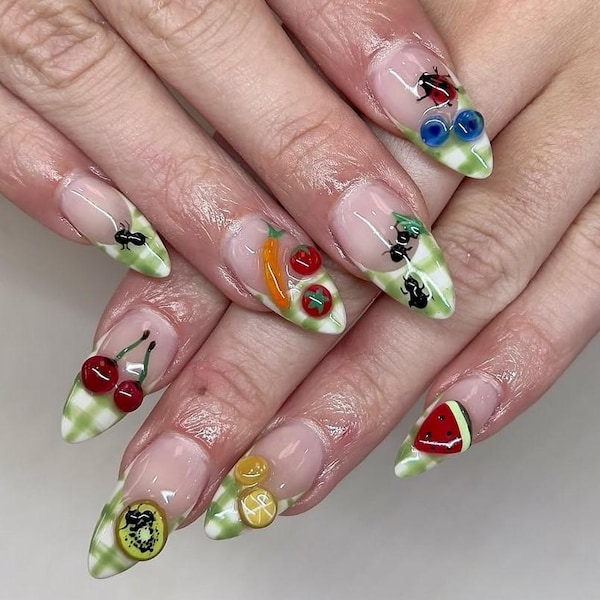 Fruit Picnic Press On Nails, Kawaii Picnic Nails, Handmade 3D Fruit & LadyBug Nail Design for Summer, 3D Picnic LadyBug Nails, Summer nails