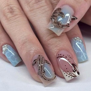 Deep Sea Shark Press On Nails, Zebra Shark Press On Nails, Ocean Vibes Square Nail Art, Underwater Shark Nails, Blue Chrome Press Ons