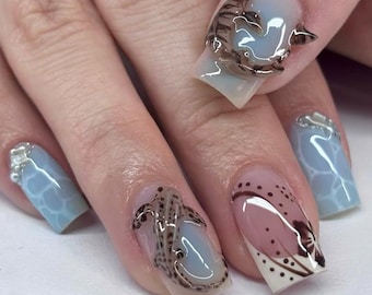 Deep Sea Shark Press On Nails, Zebra Shark Press On Nails, Ocean Vibes Square Nail Art, Underwater Shark Nails, Blue Chrome Press Ons