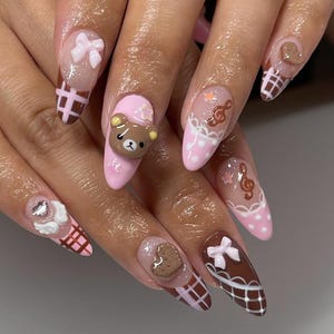 Cute Rilakkuma Press On Nails, 3D Bear And Chocolate Design Acrylic Nails, Custom Hand-Painted Fake Nails, Cute Nails, Kawaii Nails