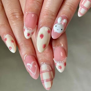 Pastel Pink Miffy Press On Nails, Pink Plaid Fake Nails, Girly Kawaii Nails, Sweet Pink Plaid Heart Nail Set, Kawaii Pink Heart Bunny nails