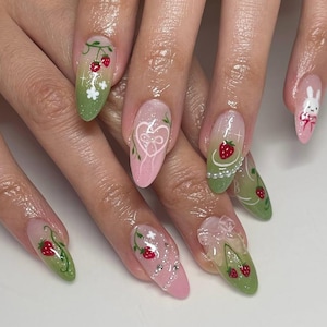 Strawberry Bunny Press On Nails, Cute Green Pink Nail Set, Kawaii Press On Nails, Strawberry Heart Bunny Nail Art, Miffy nails, Cute nails