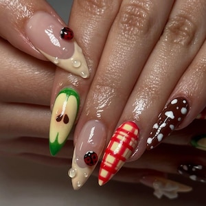 Picnic Inspired Press On Nails, Red Plaid, Apple Core, Ladybug Nail Design, Summer Picnic Nails, Red Gingham Press On Nails, Summer Nail Art