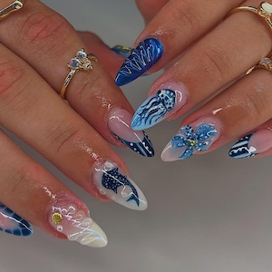 Tropical Blue Ocean Press On Nails, Nautical Summer Nails, Aquatic Nail Art Set, Wave, Shell, Starfish Fake Nails, Blue nails,