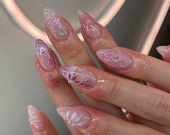 Glansiga rosa press-on-naglar för speciella tillfällen, Bröllopsnaglar, Pärlrosa 3D-press-on-naglar, Elegant glansigt nagelkonstset, Rosa naglar