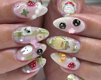 Totoro Press On Nails, Cute Ghibli Inspired Nail Set with Soot Sprites, Studio Ghibli Totoro Nails, Handmade Anime Nails, Kawaii Nails