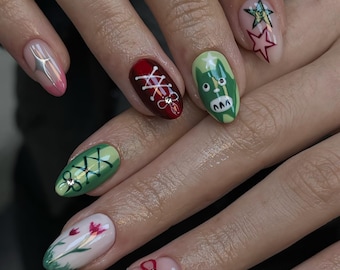 Cute Cartoon Press On Nails, Colorful Almond Nails with Star and Character Nail Art, Fun Handmade Nails, Cherry Press Ons, Kawaii nails