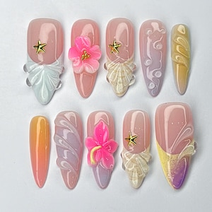 Summer Tropical Vibes Press On Nails, Island-Inspired Press On Nails, Pink Ombre Nails, 3D floral pink nails, Handmade Beach Press On Nails