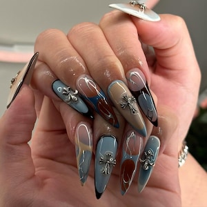 Luxury Gothic Press On Nails, Brown and Blue Stiletto Nails with Cross Charms, Handmade Long Stiletto Chrome Fake Nails, Gothic nails