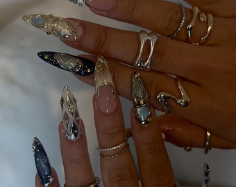 Metallic Chrome Press On Nails, Abstract Silver Gold Nail Art, Glue On Nails. Y2k nails, Bold Reusable Nails, Chrome nails