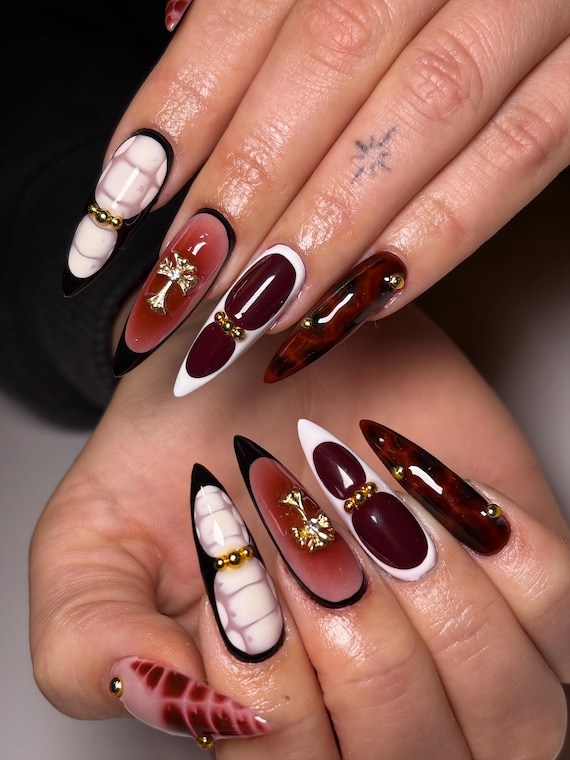 Gothic Burgundy Press on Nails, 3D Gold Cross Charms & Aura Nail Art, Dark Vampire Aesthetic False Nails, Handmade Reusable Grunge Nails