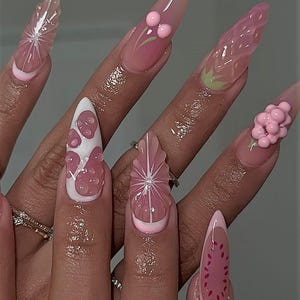 Cute Pink Press On Nails with Fruits, Handcrafted Summer Nail Art, Strawberry Cherry Press On Nail, Y2K Aesthetic Pink Nails, Reusable nails