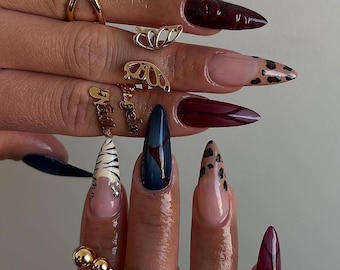 Wine Red Press On Nails with Leopard Print nails, Navy Blue and Burgundy Nail Art, Hand Painted Stiletto Nails, Classic nail for birthday