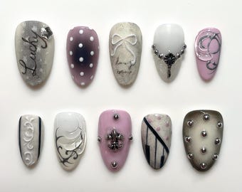 Romantic Vintage Press On Nails, Soft Pink Grey Coquette Nails with Bow, Cross Charm nails, Hand Painted Luxury Nail Set