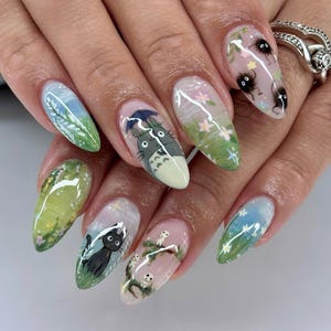 Totoro Press On Nails, Hand Painted Ghibli Nail Art, Anime Forest False Nails, Studio Ghibli Press On Nail, Kawaii Totoro Nails, Anime Nails