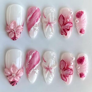 Mermaid Vibes Press On Nails, Pink Beach 3D Floral Nails, Tropical Beach Press On Nail Romantic Pink Floral Nails, Pink Starfish 3D Nail Art