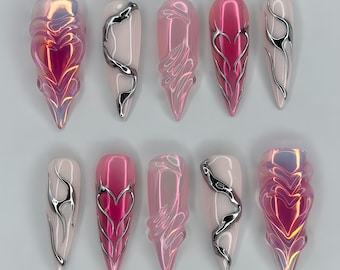 Hot Pink Chrome Press On Nails, Long Stiletto Flame Nails with Silver Metallic 3D Design, Y2K Nails Art, Luxury Chrome Nails, Gif For Her