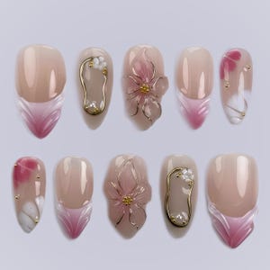 Blush Bloom Elegance Press On Nails with 3D Floral Accents, Gold Details & Pink Ombre, Suitable for Wedding, Events or Gift for Her
