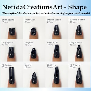 May include: Image showcasing various nail shapes, including Short Square (17 mm), Short Oval (17 mm), Medium Coffin (27 mm), and Medium Stiletto (27 mm). Also shown are Long Square (30 mm), Long Oval (25 mm), Long Coffin (30 mm), and Long Stiletto (30 mm). XL Square (55 mm), Almond (25 mm), XL Coffin (55 mm), and XL Stiletto (55 mm) nail shapes are also displayed.