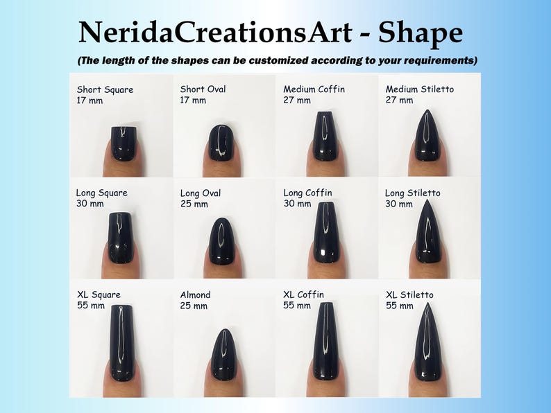 May include: Image showcasing various nail shapes, including Short Square (17 mm), Short Oval (17 mm), Medium Coffin (27 mm), and Medium Stiletto (27 mm). Also shown are Long Square (30 mm), Long Oval (25 mm), Long Coffin (30 mm), and Long Stiletto (30 mm). XL Square (55 mm), Almond (25 mm), XL Coffin (55 mm), and XL Stiletto (55 mm) nail shapes are also displayed.