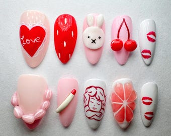 Cute Valentine Press On Nails with Heart Love Art, Miffy Cherry Nails, Playful Pink Red Nail Set, Cherry Kiss Nail Art, Pink Red Nails