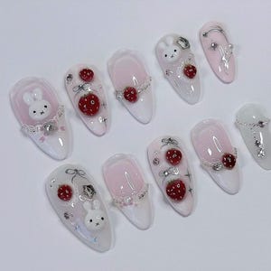 Kawaii Bunny and Strawberry Nails, 3D Miffy Press On Nails, Cute 3D Strawberry Pink Nail Art, Cute Strawberry & Bow 3D Nail Art, Kawaii nail