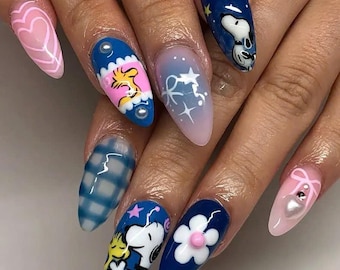 Blue Cartoon Nails, Pink Bow Coquette Press On Nails, White Dog & Yellow Bird Art, Starry Night Kawaii Nails, Blue Plaid Fake Nails