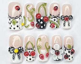 Ladybug and Strawberry Nail Art, Black White Polka Dot Press On Nails, 3D Floral Polka Dot Fake Nails, Cute Garden Nail Art, Ladybug Nails