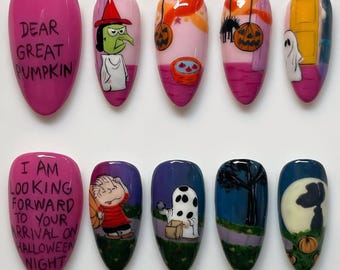 Halloween Press On Nails, Cartoon Inspired Fake Nails, Great Pumpkin Hand Painted Nail Art, Trick or Treat False Nails, Halloween Nails