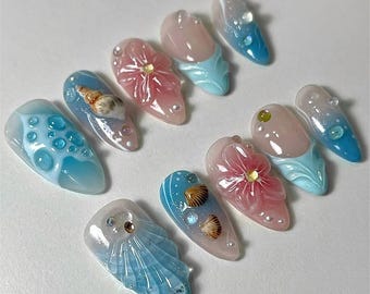 Tropical Ocean Press On Nails, Blue and Pink Sea-Inspired Press On Nails, 3D Mermaid Nails with Real Seashells, Summer Beach Nail Art