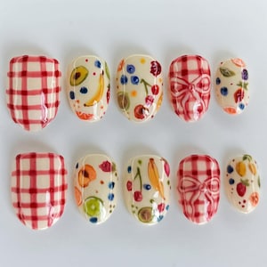 Hand Painted Fruit Press On Nails with Red Gingham, Picnic Summer Nail Art, Summer Picnic Nail, Fruit and Plaid Press On Nails, Picnic Nails