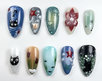 Floral and Cat Press On Nails, Cute Black Cat, Floral, Ocean & Star Nail Designs, Handmade Whimsical Nail Art, Artistic Kawaii Fake Nails