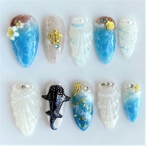 Ocean Theme Press On Nails with Turtle and Whale Design, Beach Vacation Nails, Marine Life 3D Nail Art for Summer, 3D Shark Ocean Beach Vibe