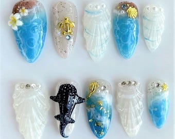 Ocean Theme Press On Nails with Turtle and Whale Design, Beach Vacation Nails, Marine Life 3D Nail Art for Summer, 3D Shark Ocean Beach Vibe