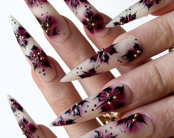 Dark Gothic Floral Nails, Hand-painted Dark Purple Press On Nails with Black Flower Press Ons, Handmade Moody Nails, Gothic Nails