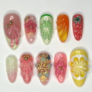 Colorful 3D Flower Press On Nails, Summer Cute Fruit Nail Art, Kawaii Fruit Nails, Vibrant 3D Press On Nails, Fun Jelly Style Summer Nails