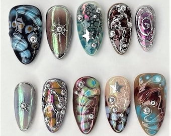 Galaxy Chrome Press On Nails, Holographic 3D Nail Art with Stars & Gems, Iridescent Nail Design with Silver Charms, Reusable Fake Nails