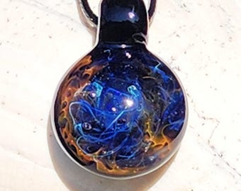 Handmade Heady Glass Pendant • Deep Blue Necklace with Gold & Silver Fuming • Cosmic Jewelry with Sparkling Stars