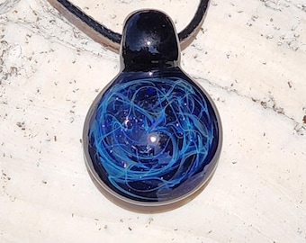 Black Glass Pendant Necklace, Midnight Galaxy Pendant, Silver Fumed Glass Jewelry, Blue Artisan Necklace, Handmade Gift for Her