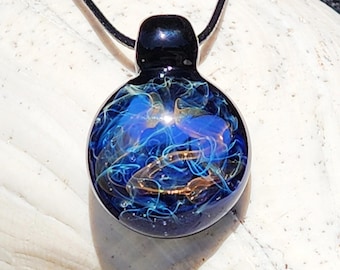 Handmade Glass Pendant: Black Fumed Necklace with Pure Gold & Silver, Unique Blown Glass Jewelry, Cosmic Art Pendant