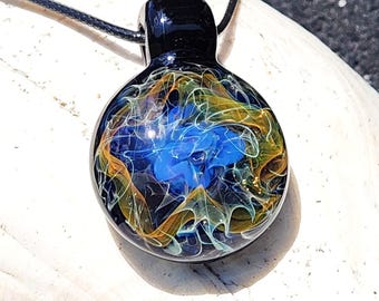 Gold and Silver Fumed Glass Pendant Necklace, Handmade Large Cosmic Jewelry with Blue, Purple, Orange and White Swirls