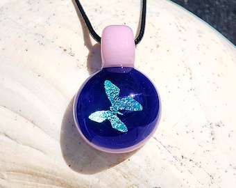 Small Handmade Glass Pendant Necklace – Blue Dichroic Butterfly with Pink Loop
